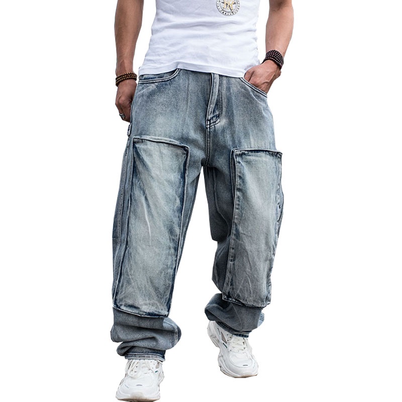 男士男士直筒牛仔工裝褲機車牛仔褲男士寬鬆寬鬆藍色牛仔褲, 側袋尺寸 30-46