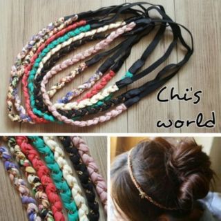 Chi's world~正韓Korea髮飾 質感精緻手作編織髮帶 暈染雪紡花布金色金屬鏈條 韓妞look彈性髮帶髮箍髮圈