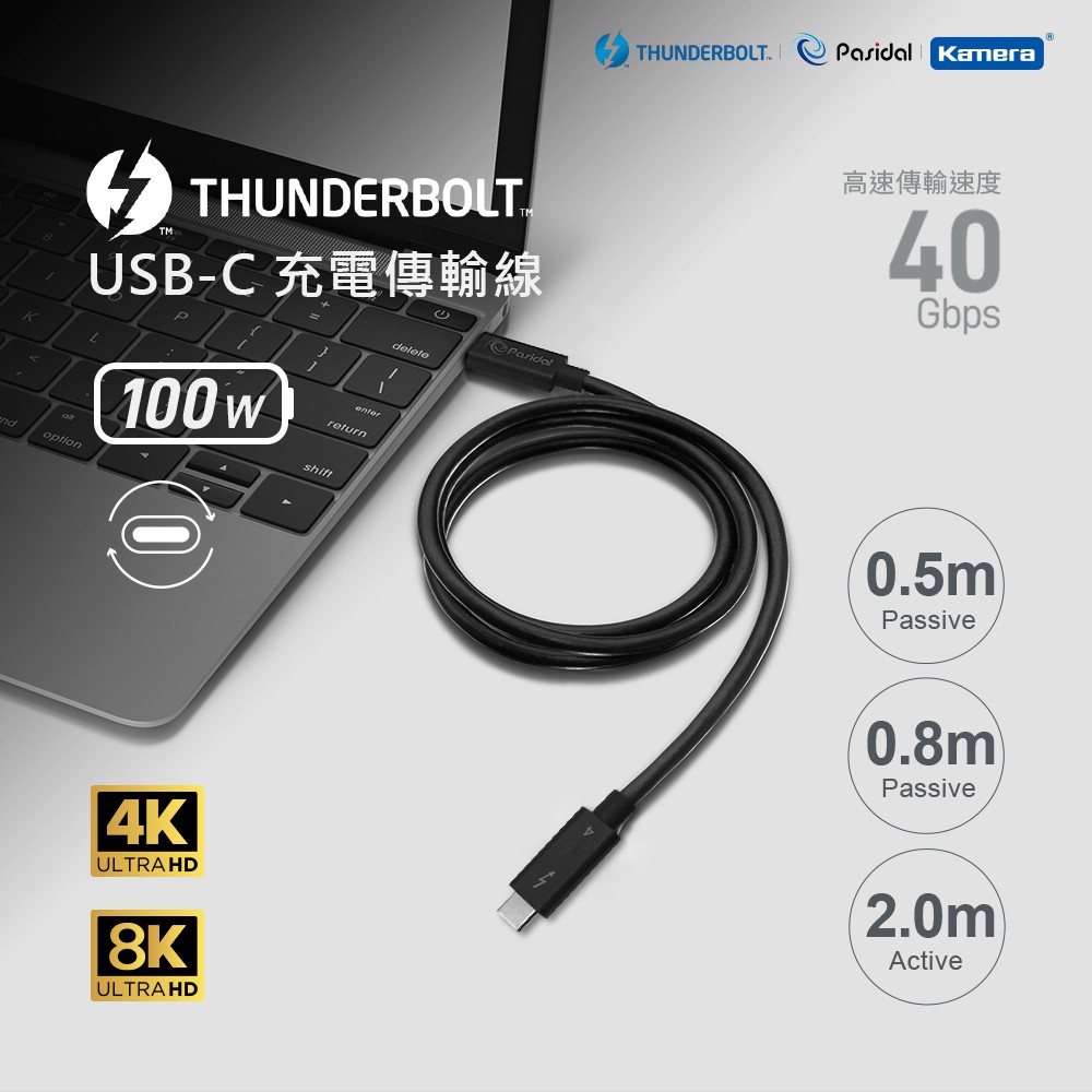 Pasidal Thunderbolt Type C to C 雷電4 高速傳輸線 50cm 2米 充電 影音資料傳輸