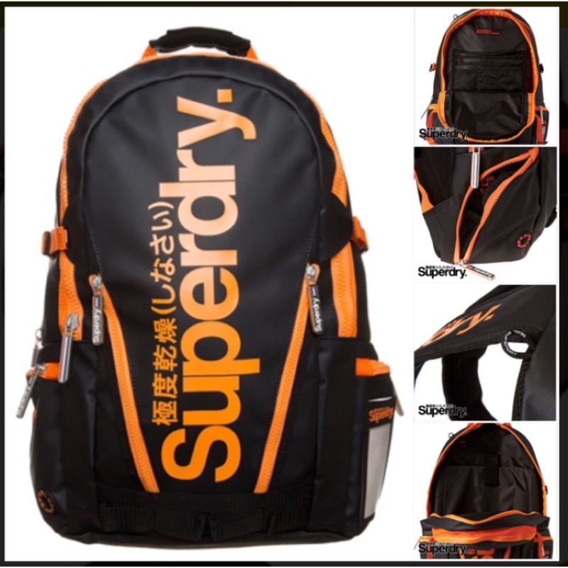 極度乾燥 superdry laptop backpack bag 防水後背包 黑底橘字