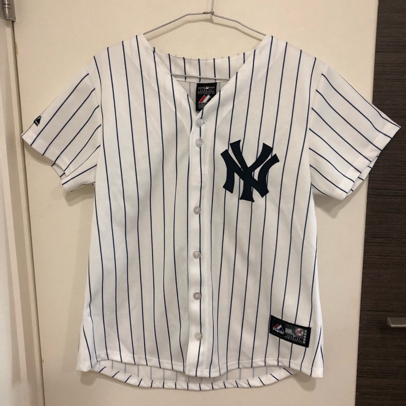 MLB紐約洋基隊Yankees Jeter白藍條紋球衣上衣外套 側邊大logo