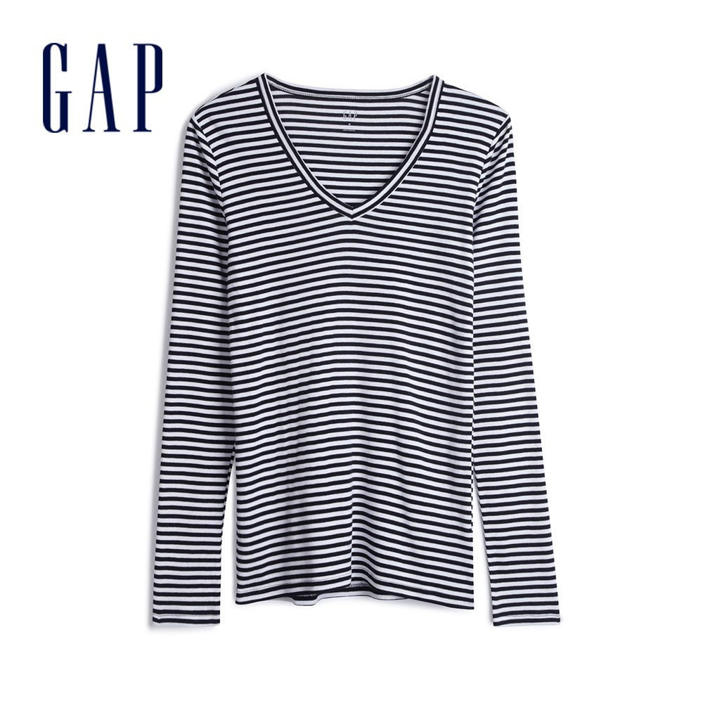 Gap 女裝 棉質舒適V領長袖T恤-黑白條紋(527401)