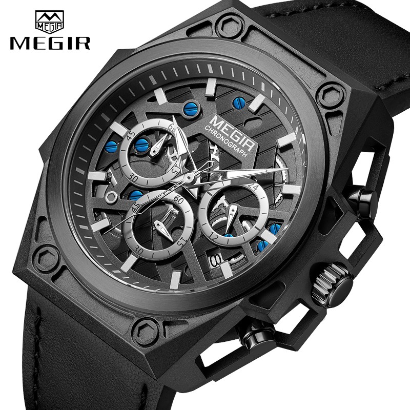 Megir 4220 男士頂級品牌手錶大錶盤皮革夜光 3Bar 防水運動石英手錶男士時鐘計時碼表 Reloj Hombr
