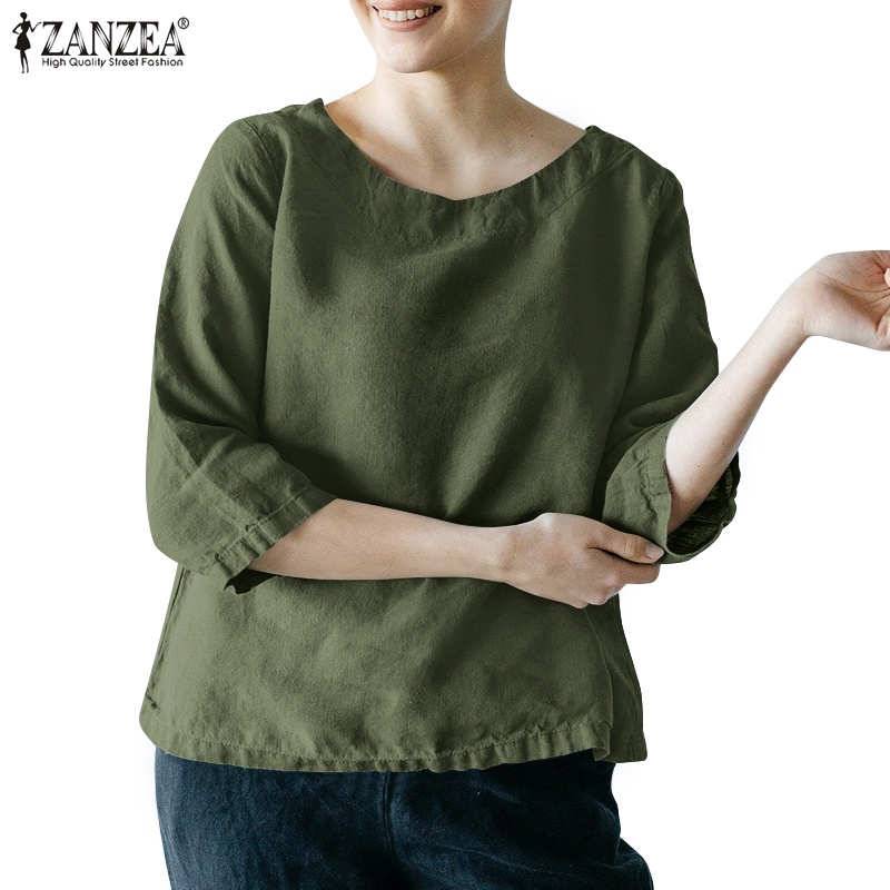 Zanzea 女士 Vintage O 領 3 / 4 袖純色因果寬鬆棉質百搭襯衫