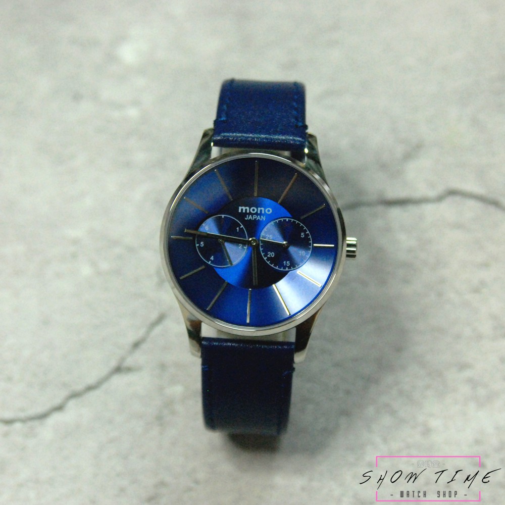 曼諾 MONO 簡約特殊錐形內凹式面盤 雙眼文青腕錶 - 皮帶/藍面銀 6068-356LW [ 秀時堂 ]