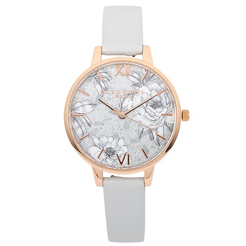 Olivia Burton 英倫復古手錶 水磨石花卉 灰色皮革錶帶玫瑰金錶框34mm OB16TZ01