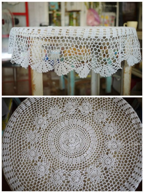 米色 白色 桌巾 90cm 圓形 桌布 桌墊 裝飾 野餐 露營 鄉村風 花朵 圖案 手工 編織 毛線 蕾絲 蕾絲巾 雜貨