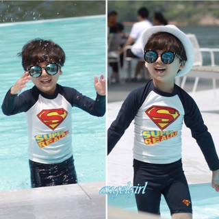 加大4XL韓版兒童二件式超人泳衣兒童長袖泳裝/潛水衣衝浪黑白超人造型服兒童游泳衣F-68