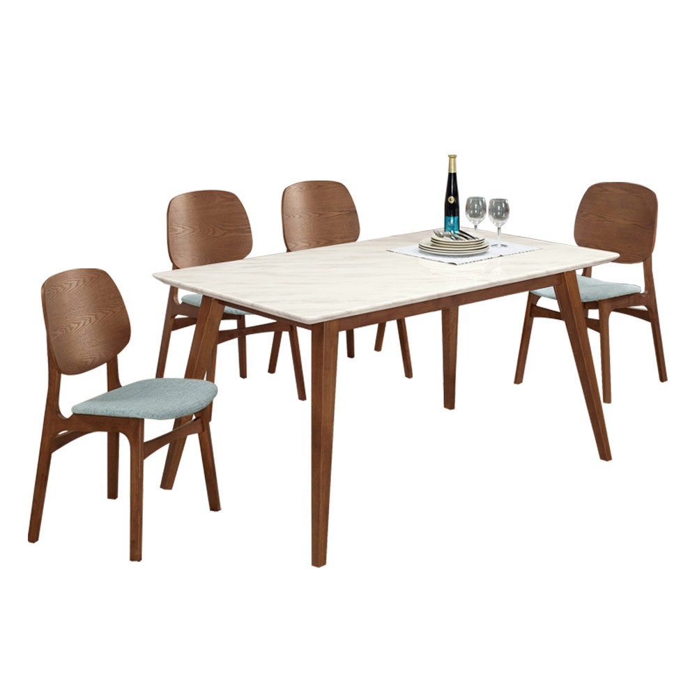 Boden-溫克5尺胡桃色石面餐桌椅組合(一桌四椅)(藍色布餐椅)