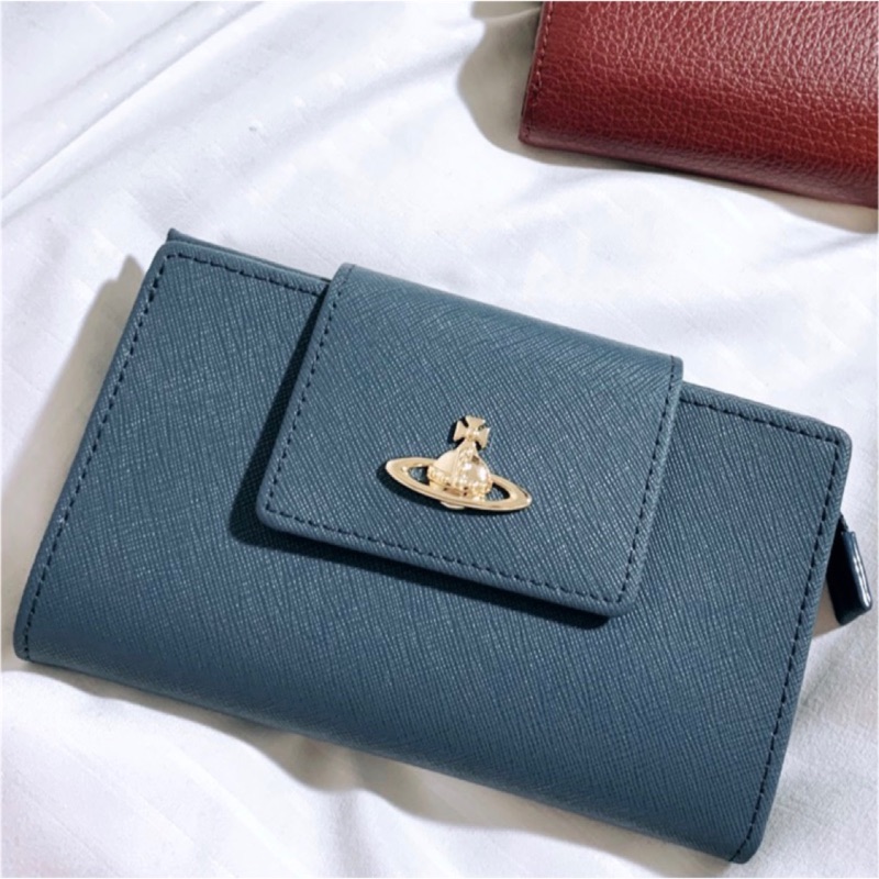 英國代購 Vivienne Westwood 中夾 墨藍 防刮真皮 皮夾 錢包 附品牌紙盒紙袋