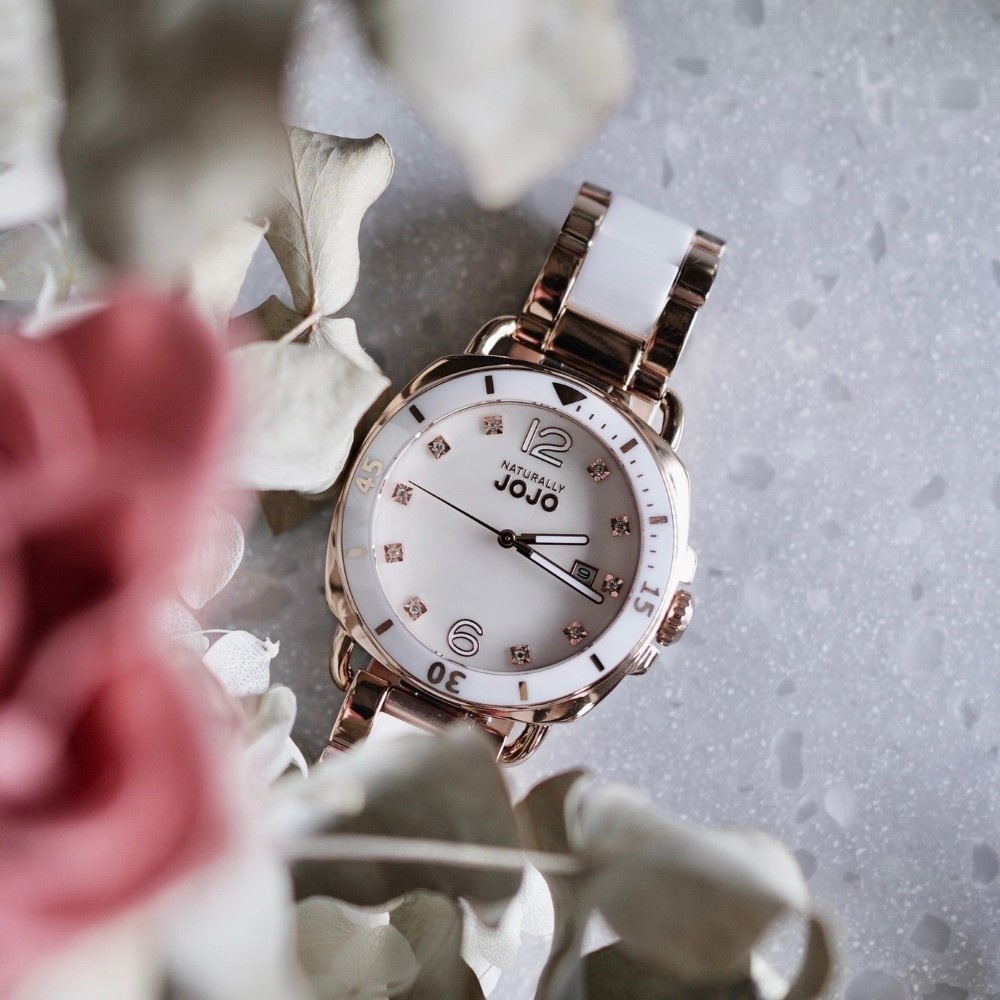 NATURALLY JOJO 珍珠母貝 閃耀晶鑽 陶瓷不鏽鋼手錶 白x玫 JO96988-80R