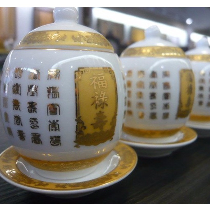 高級燙金圓滿福祿壽祖先供茶杯 台灣製造三層瓷杯一組三杯【歡喜地佛教文物】