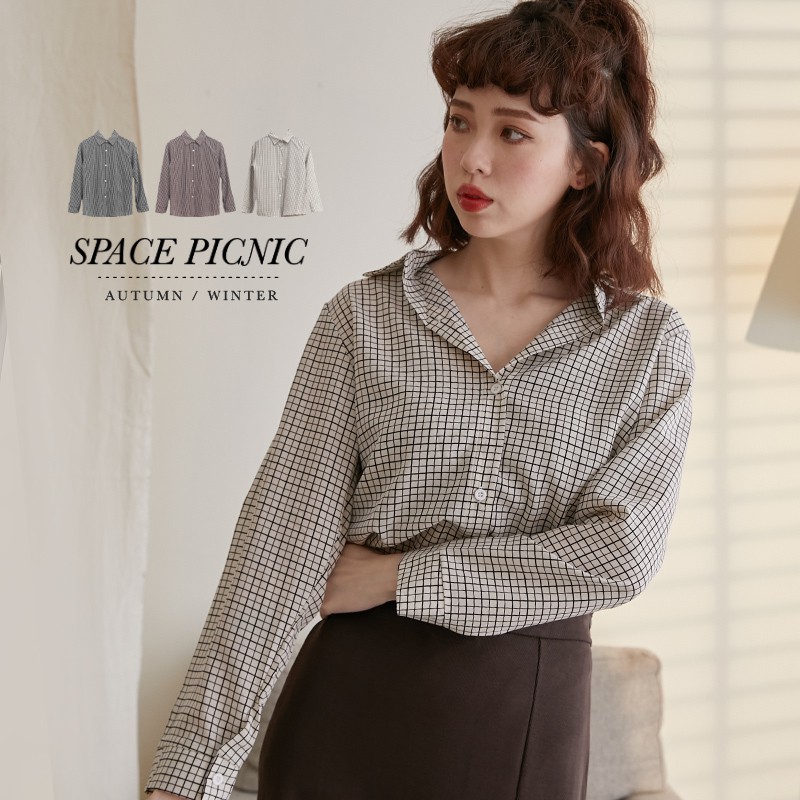 [明天出貨] Space Picnic｜單色格紋滑料長袖襯衫(現貨)【C20091040】