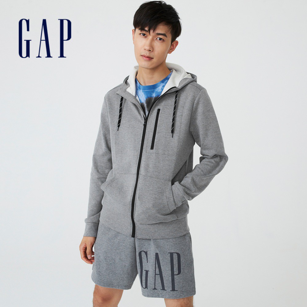 Gap 男裝 簡約素色針織拉鍊連帽外套-灰色(608028)