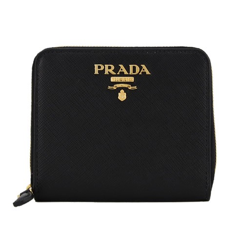 PRADA SAFFIANO 防刮皮革金屬字母釦式拉鍊短夾(黑色)