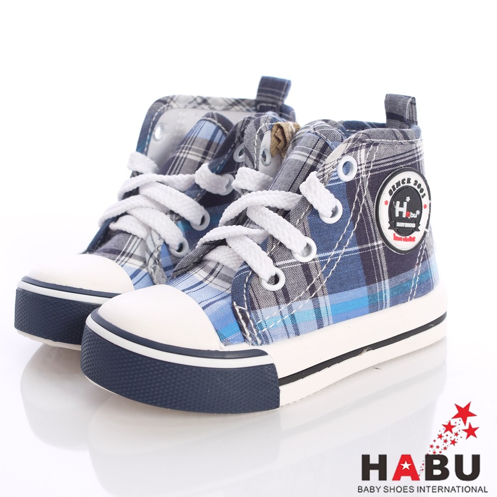 HABU哈布專櫃童鞋高筒藍格紋帆布鞋H321-BL藍(寶寶段)21=13.5cm /22=14cm-零碼出清-