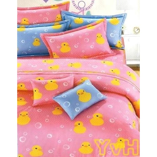 =YvH=雙人床包枕套組 MIT 100%精梳純棉 黃色小鴨 粉紅色 5x6.2尺 台灣製造印染 210織純棉