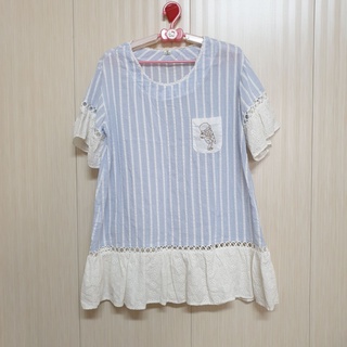 ♡小貓雜貨舖♡ 韓版 刺繡 冰淇淋 條紋 蕾絲 上衣 洋裝