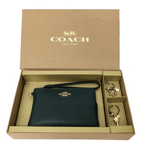 【COACH】經典LOGO素面雙吊飾手拿零錢包禮盒(墨綠)