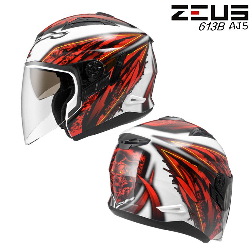 ZS-613B 瑞獅 ZEUS 安全帽 613 AJ5 白紅 3/4罩 半罩式 雙層鏡片 抗UV鏡片 眼鏡溝 內襯可拆