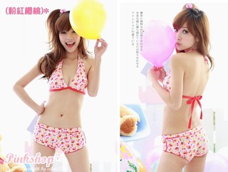 夏日萊卡深v繞頸爆乳素面(比基尼+熱褲)--粉紅櫻桃