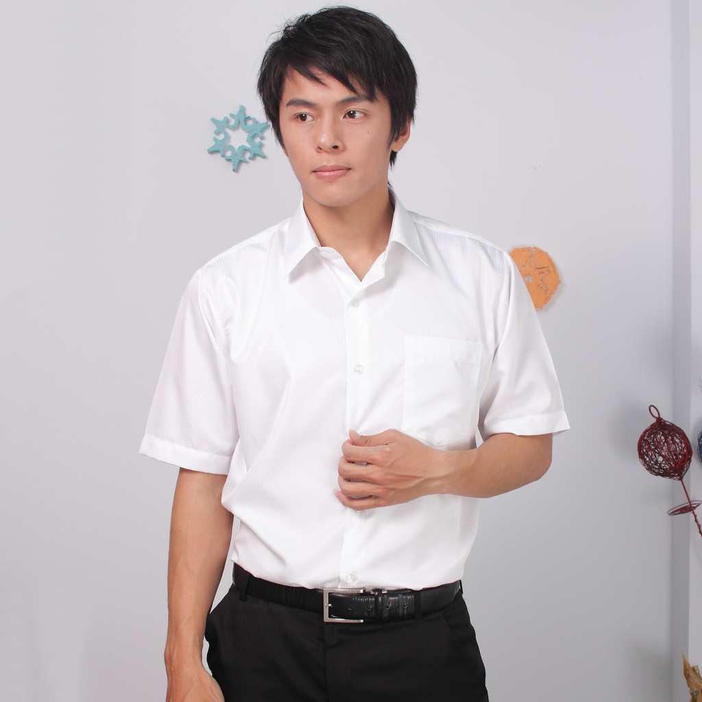 JIA HUEI 短袖柔挺領吸濕排汗防皺襯衫 素面壓紋 (白色)(台灣製造)