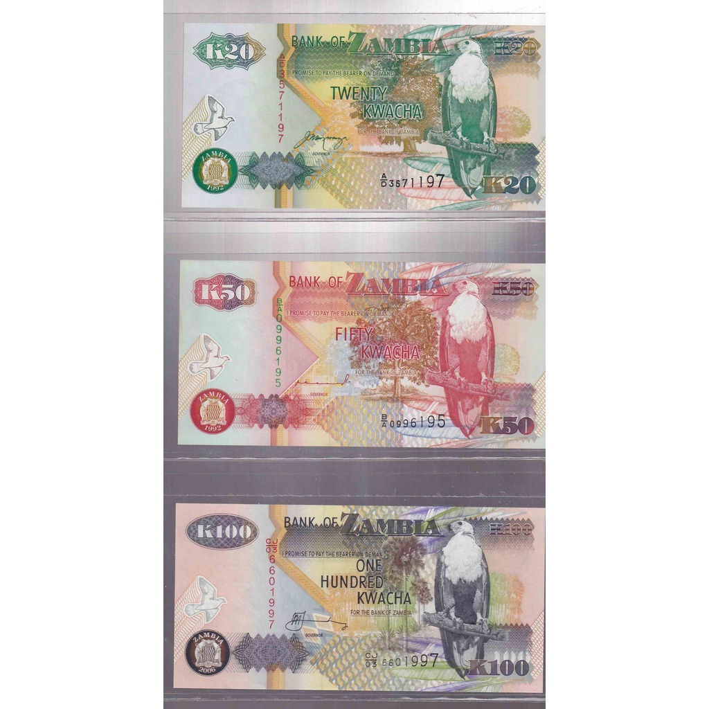 [米哈伊鈔集公館] 尚比亞 1992年 20.50.100kwacha 三張套組 非洲鈔票 紙鈔 鈔幣收藏 外幣