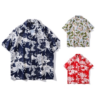脆皮先生☞夏威夷 扶桑花 藍色 紅色 花朵 叢林 復古 骷髏 手繪 幾何 北歐 印花 寬鬆 海灘 古巴領 短袖 襯衫 男