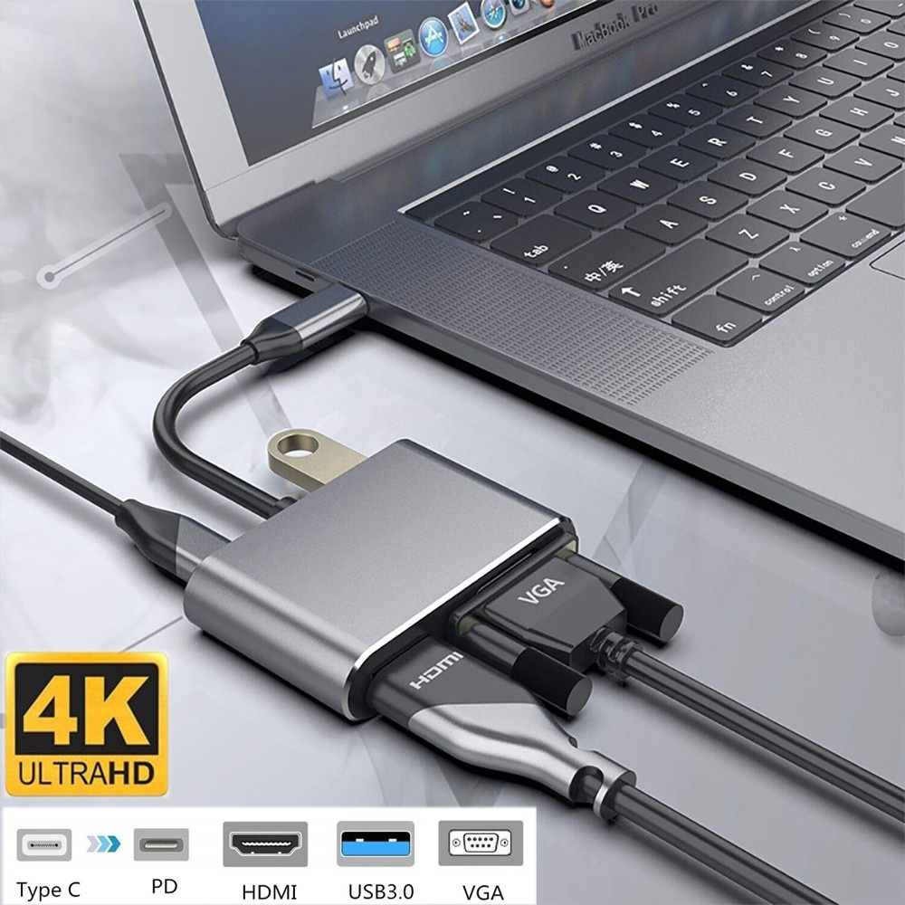 4 合 1 USB c HDMI Type c 轉 HDMI 4K 適配器 VGA USB3.0 音頻視頻轉換器 PD