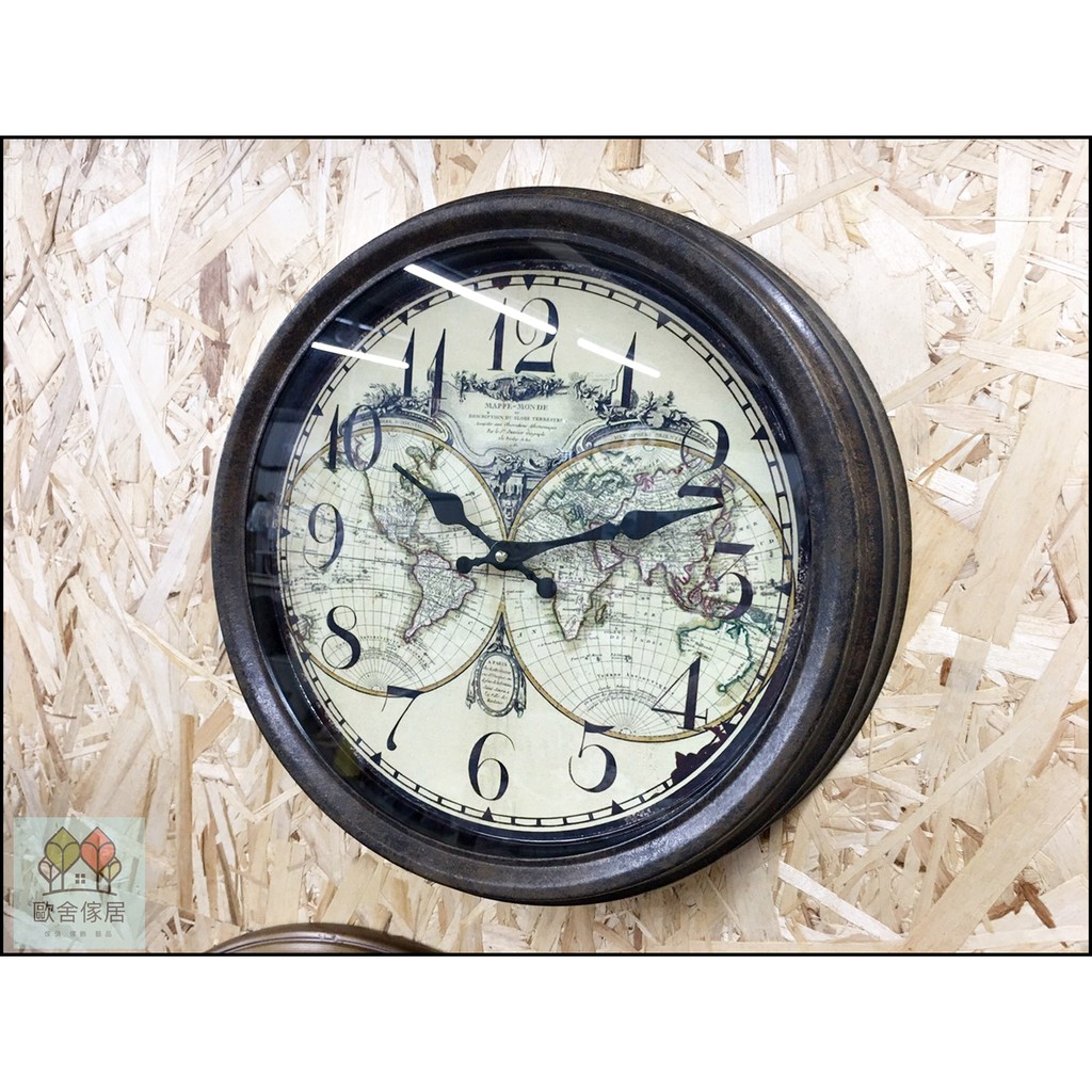美式鄉村風時鐘 鐵製世界地圖時鐘 咖啡色框刷舊圓形壁鐘 直徑39公分大鐘面 美式掛鐘 地球儀金屬時鐘數字鐘圓鐘仿古鐘