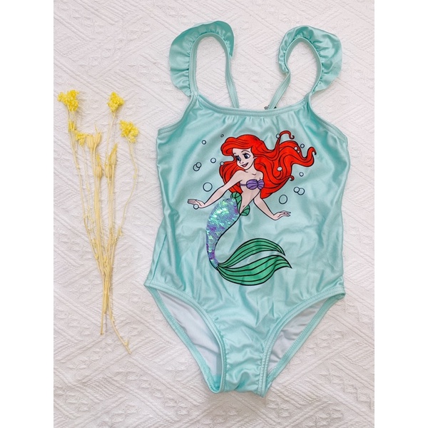 「全新現貨」85 美國🇺🇸 小美人魚 薄荷綠亮片連身泳衣 連身泳裝 荷葉肩帶 女童 童裝