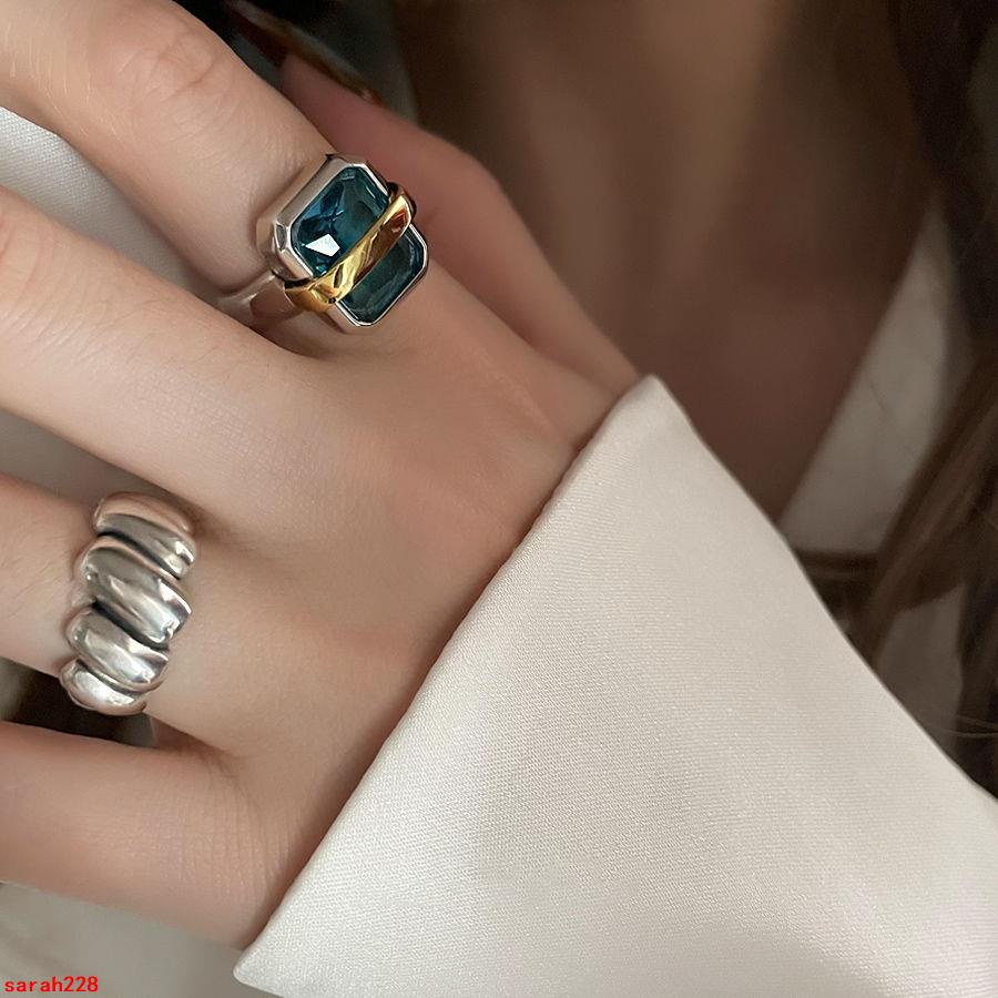 台灣🌈藍極皓影925純銀戒指女方形藍寶復古做舊簡約ins潮冷淡風開口指環