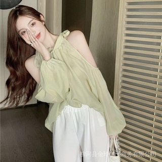 【現貨秒發】⭐女生襯衫氣質上衣夏季掛脖薄款長袖綠色甜美設計感小眾寬鬆綁帶露肩防曬衣韓版上衣雪紡襯衫女生衣服上衣短袖襯衫