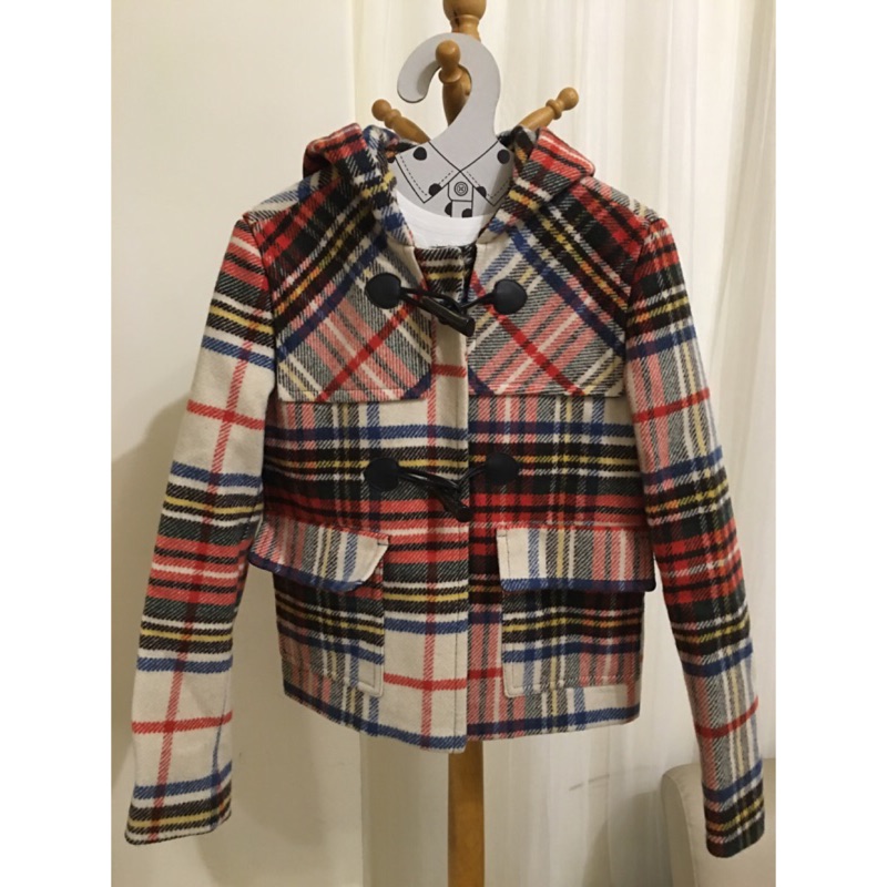 日本購入agnes b設計牛角釦格紋大衣式印花風衣外套