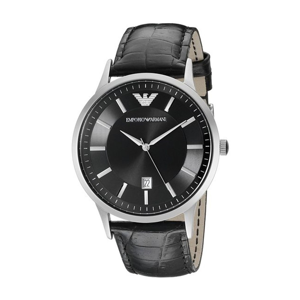 EMPORIO ARMANI 亞曼尼 時尚 日期腕錶 黑面皮 AR2411【高冠國際】