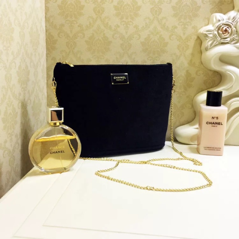 香奈兒Chanel 專櫃贈品 新款毛絨絨 名牌 金色鏈包 /化妝包/肩背包/側背包/手拿包