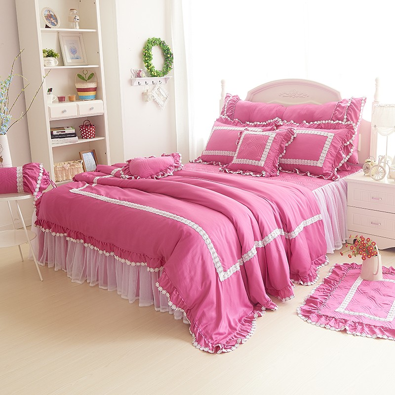 天絲鋪棉床罩組 結婚床罩 桃紅床罩 蕾絲床罩 雙人床罩 床裙組