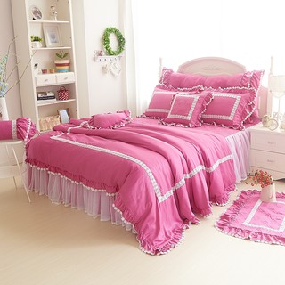 天絲床罩組 清新 桃紅 蕾絲床罩組 床裙組 100%天絲