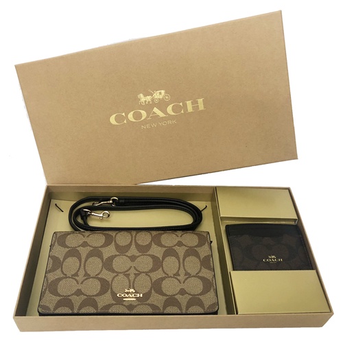 【COACH】C LOGO長夾式小斜背包名片夾禮盒(焦糖/黑)
