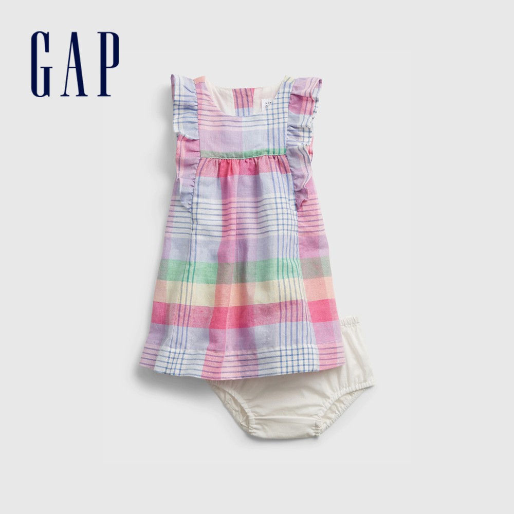Gap 嬰兒裝 格紋荷葉邊無袖洋裝家居套裝-彩色格紋(669625)