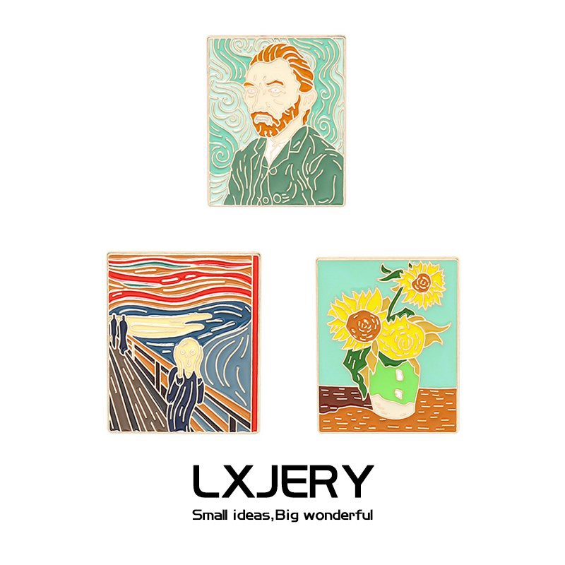新款LXJERY 梵高油畫向日葵吶喊胸針 世界名畫金屬徽章 創意書包裝飾