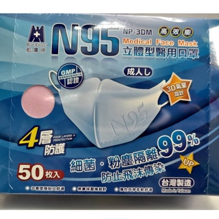 《海源大藥局》台灣製 藍鷹牌 N95立體型成人醫用口罩 50片x1盒(粉)