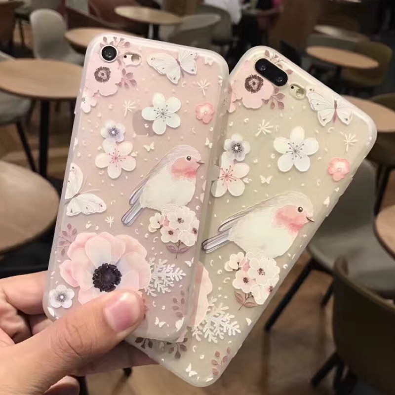 現貨出清👉🏼韓國浮雕花朵鳥語花香透明全包軟殼iPhone手機殼iphone7/iphone6/plus