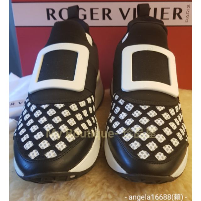 現貨38號~ROGER VIVIER RV白方框黑白配色VIV RUN sneaker~內增高休閒鞋運動鞋~超時尚好看