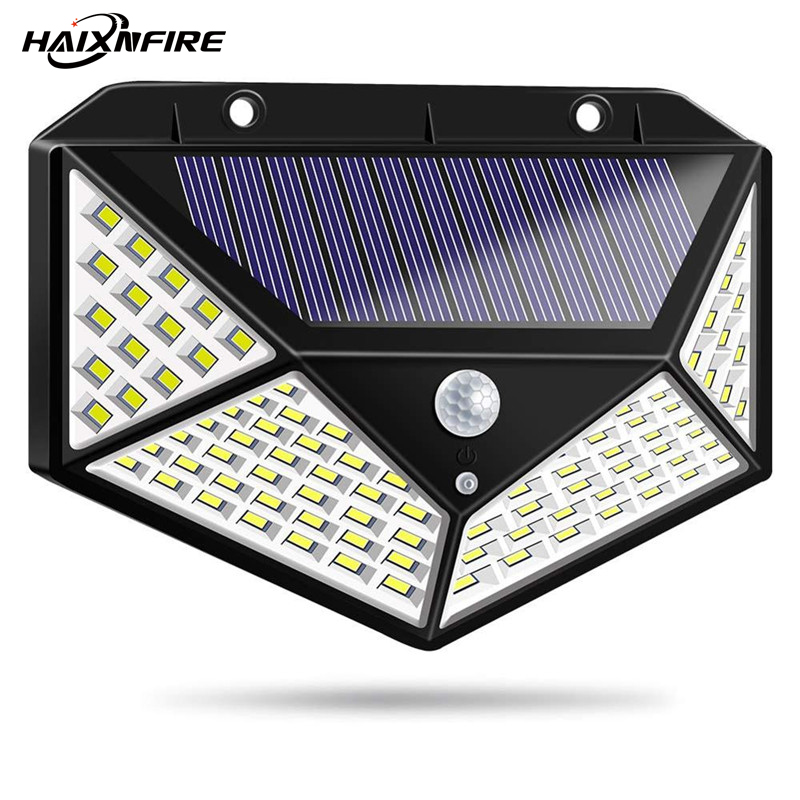 Haixnfire太陽能感應燈 100LED人體感應太陽能壁燈日光防水PIR運動傳感器路燈庭院燈3模式天黑自動亮