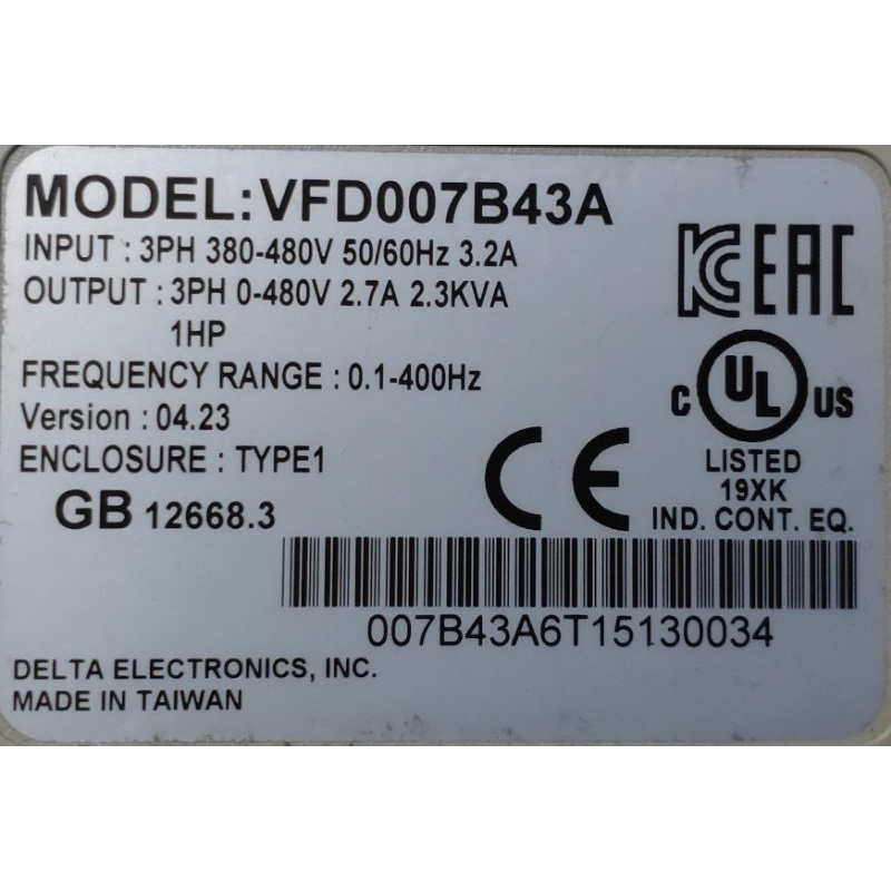 🌞二手現貨保固DELTA台達VFD-B變頻器VFD007B43A 0.75KW 1馬力HP入/出:三相380-480V