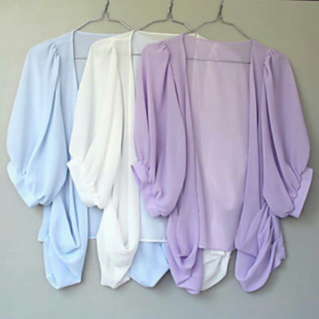  全新夏季韓系糖果色輕裸感泡泡袖口袋七分袖長版雪紡小外套•紫色 披肩罩衫 防曬衣