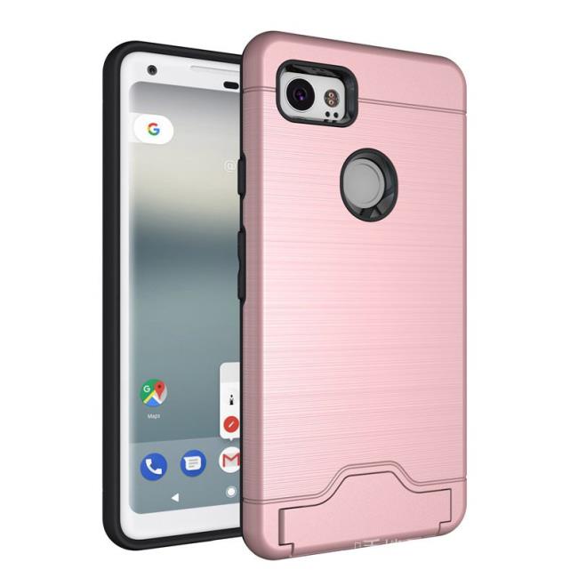 Google Pixel 2 XL手機殼拉絲插卡袋 TPUPC二合一防摔支架保護套 LrvN