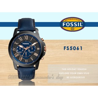 CASIO時計屋 FOSSIL手錶 FS5061 三眼石英男錶 皮革錶帶 黑剛X深藍 防水 羅馬數字