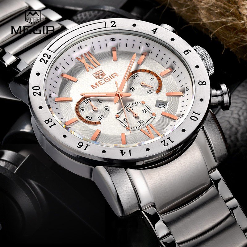 Megir 3008 時尚運動手錶男士豪華全鋼防水石英手錶商務計時碼表日期男手錶